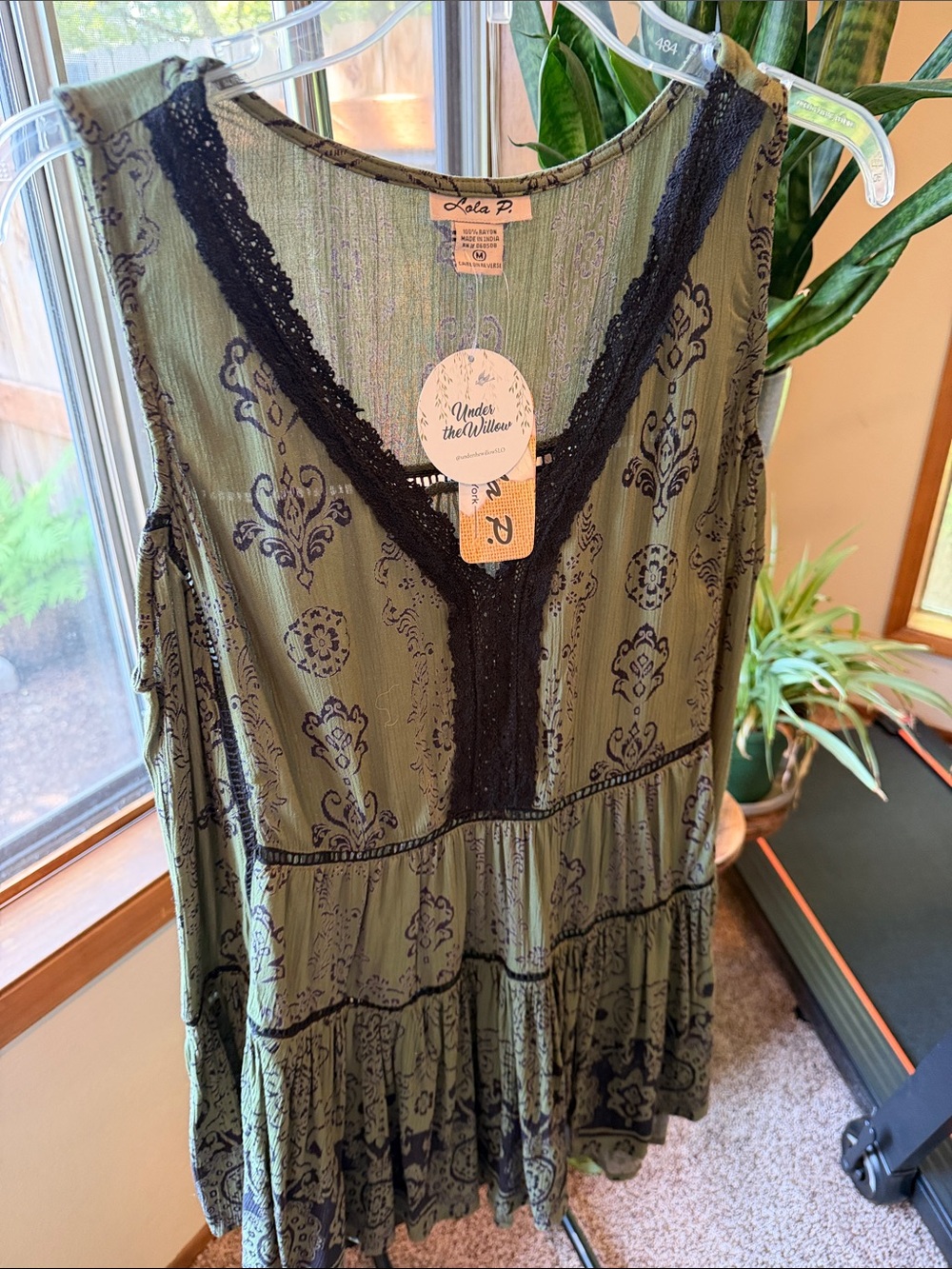 lola Olive Green Printed sleeveless top with Black Lace Trim